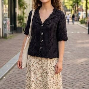 Vintage Handknits by Eastwinds Black Cotton Cardigan, Chunky Cable Knit sweater